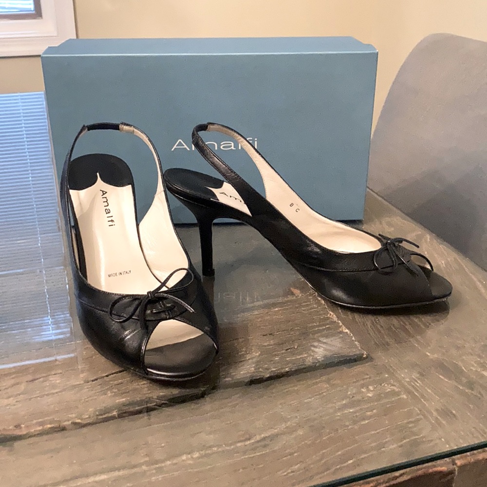 Amalfi Sling Back Open Toe Black Leather Sandal